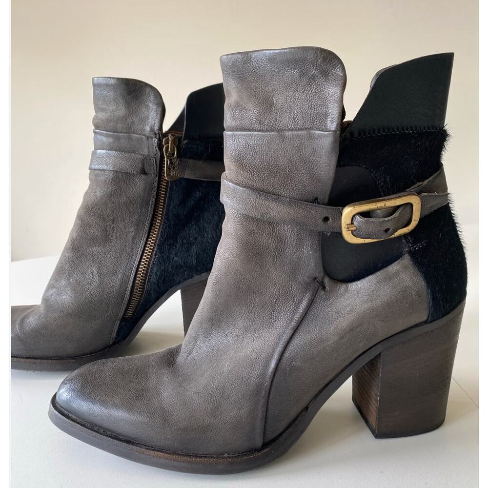 A.S 98 Leather Moto Biker Boot Black Block Heel Calf hair 7.5